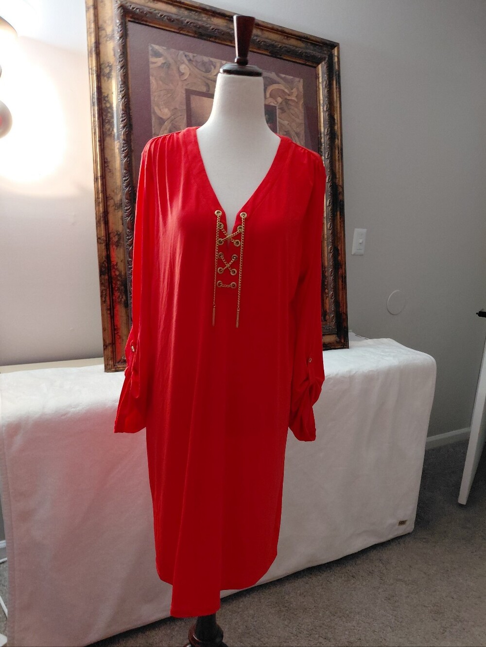 Michael Kors V-Neck Lace-Up Long Sleeve Women’s Dress size XL, With Chain